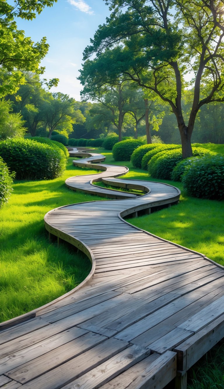 Wooden boardwalk paths winding through green grass and trees under a clear sky.